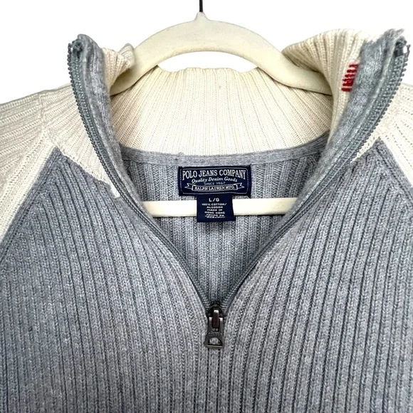Vintage Ralph Lauren 100% Cotton Quarter Zip Pull Over Rib Knit Sweater Size L - Picture 4 of 13